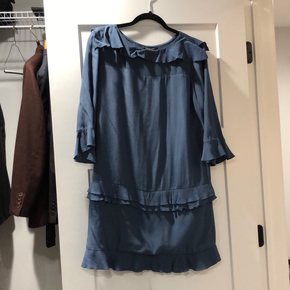 Gray blue 3/4 sleeve Banana dress, ruffle detail